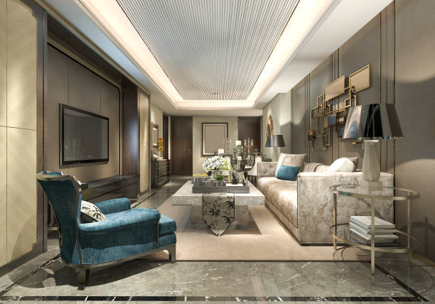istock 3d rendering luxury and modern living room and dining room 900607566