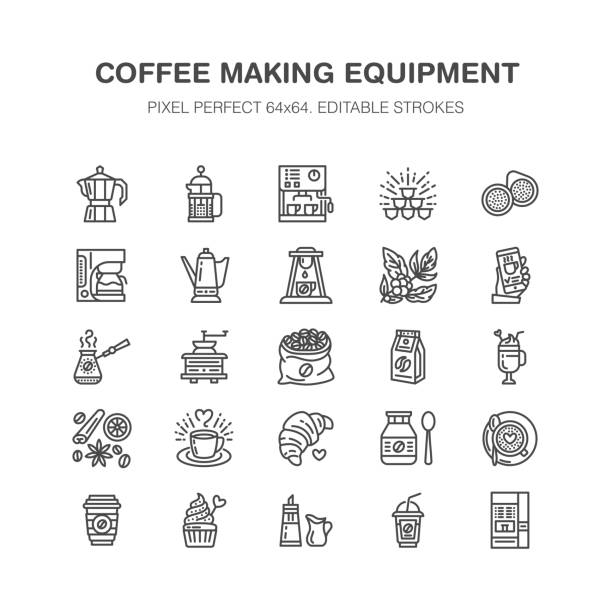 Coffee making equipment flat line icons. Elements - moka pot, french press, grinder, espresso, vending, plant. Linear restaurant, shop pictogram with editable stroke. Pixel perfect 64x64 Coffee making equipment flat line icons. Elements - moka pot, french press, grinder, espresso, vending, plant. Linear restaurant, shop pictogram with editable stroke. Pixel perfect 64x64. moka stock illustrations