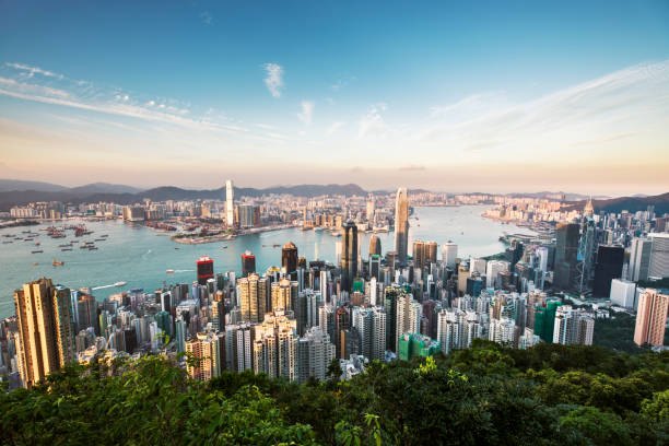 aérea vista de hong kong - hong fotografías e imágenes de stock