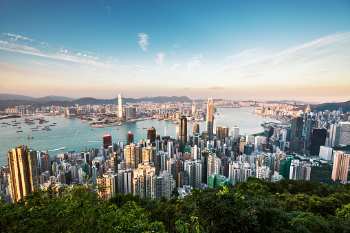 Panoramic view of Hong Kong, captured around sunset from the summit of Braemar Hill