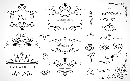 Set of flourish frames, borders, labels. Collection of original design elements. Vector calligraphy swirls, swashes, ornate motifs and scrolls.