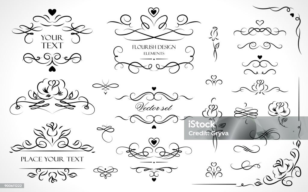 Set of flourish frames, borders, labels. Collection of original design elements. Vector calligraphy swirls, swashes, ornate motifs and scrolls. Heart Shape stock vector