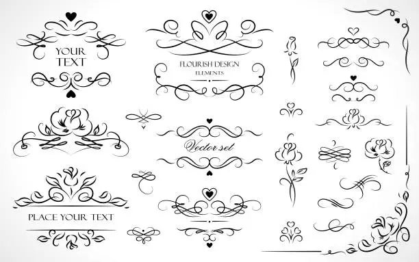 Vector illustration of Set of flourish frames, borders, labels. Collection of original design elements. Vector calligraphy swirls, swashes, ornate motifs and scrolls.