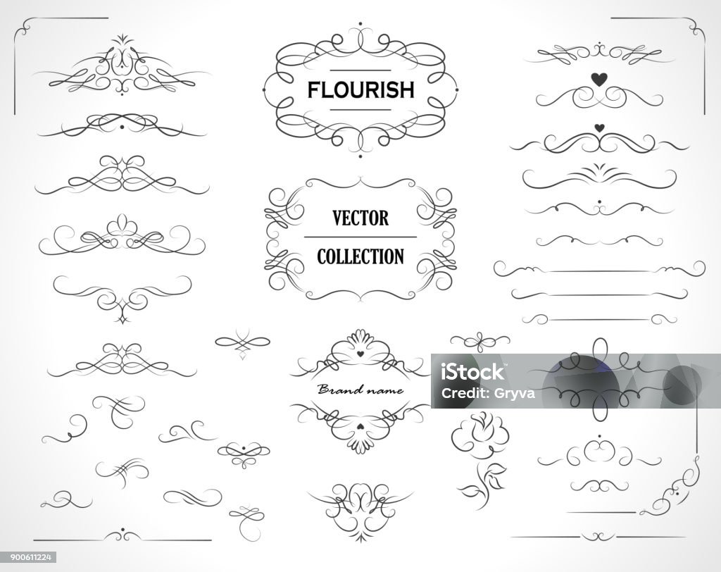 Set of flourish frames, borders, labels. Collection of original design elements. Vector calligraphy swirls, swashes, ornate motifs and scrolls. Flourish - Art stock vector
