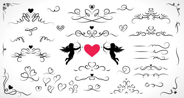 ilustrações de stock, clip art, desenhos animados e ícones de collection of flourished elements for wedding and valentine's day decorations. - heart shape rococo style scroll shape valentines day