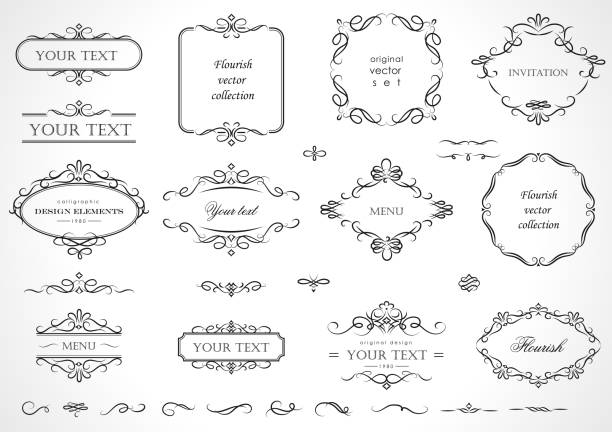 ilustrações de stock, clip art, desenhos animados e ícones de set of flourish frames, borders, labels. collection of original design elements. vector calligraphy swirls, swashes, ornate motifs and scrolls. - label retro revival frame calligraphy