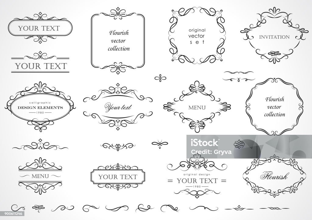 Set of flourish frames, borders, labels. Collection of original design elements. Vector calligraphy swirls, swashes, ornate motifs and scrolls. Border - Frame stock vector