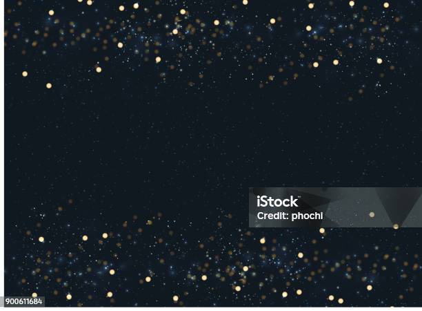 Abstract Navy Blue Blurred Background With Bokeh And Gold Glitter Header Footers Copy Space Stock Illustration - Download Image Now