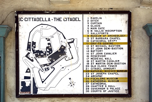 Citadel plan sign on a wall within the citadel, Victoria (Rabat), Gozo, Malta, Europe.