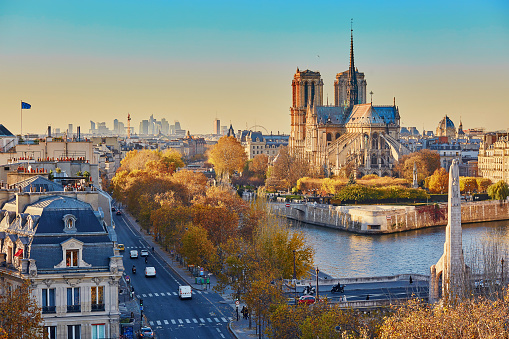 Aerial panoramic cityscape view of Paris, France with Notre-Dame cathedral and river Seine on a fall day