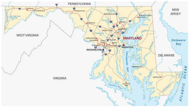 ilustraciones, imágenes clip art, dibujos animados e iconos de stock de mapa de carreteras de maryland - virginia estado de los eeuu