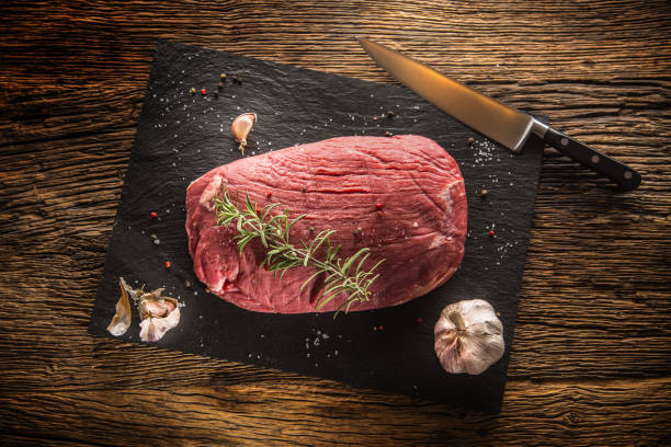istock Beef steak. Raw Flank steak with rosemary garlic salt and pepper 900619632