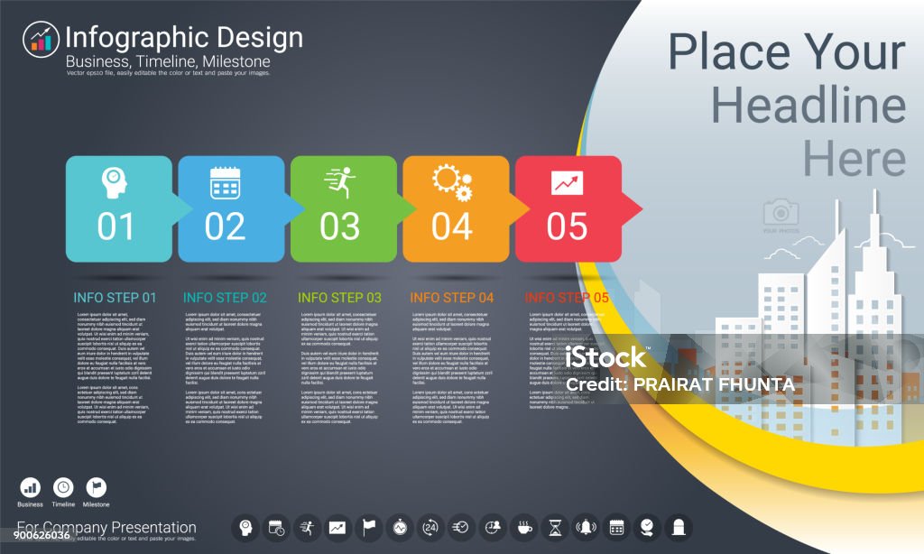 Modelo de negócio infográficos, marco temporal ou roteiro com opções de processo fluxograma 5, plano estratégico para definir os valores da empresa, agendamento em gerenciamento de projetos para fazer fatos e estatísticas. - Vetor de Cinco Objetos royalty-free