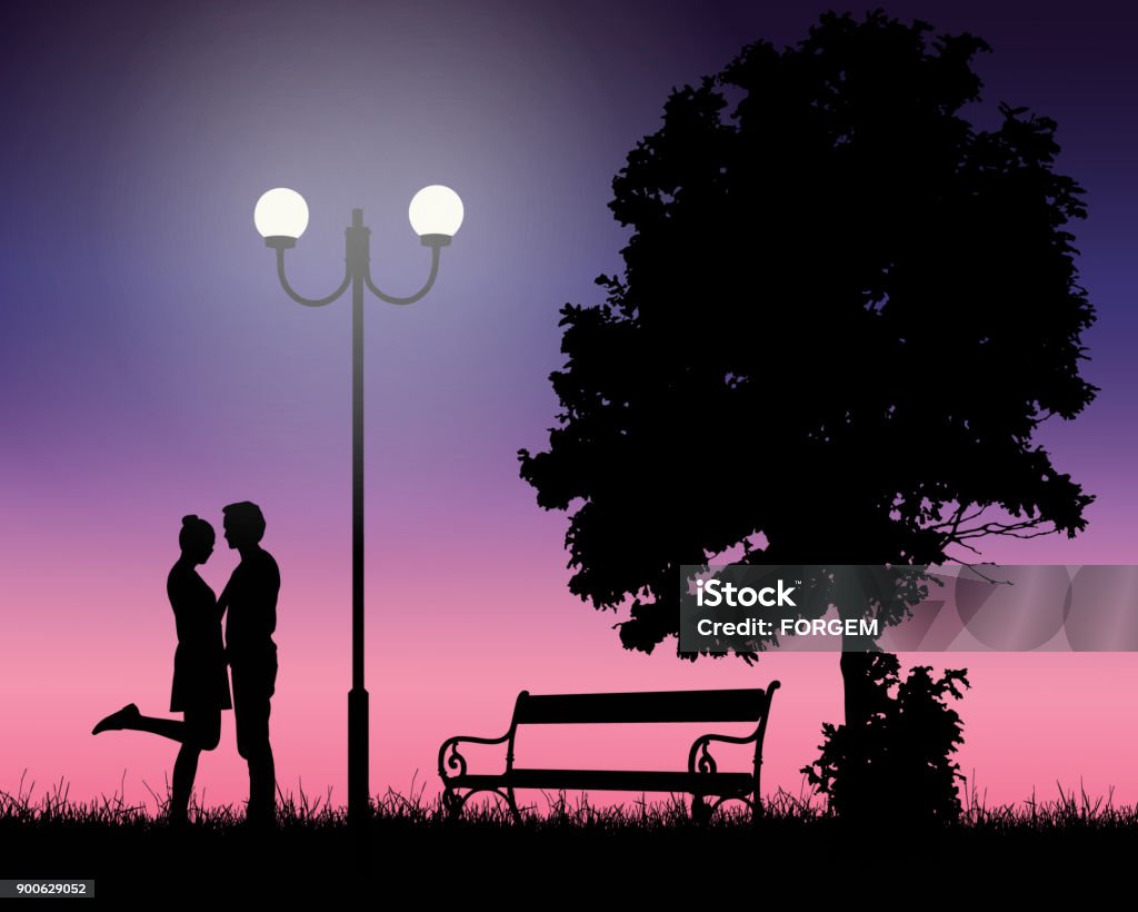 Two young lovers embracing under a tree and a shining lamp with pink sky, suitable as a card for valentine day - vector Couple - Relationship stock vector