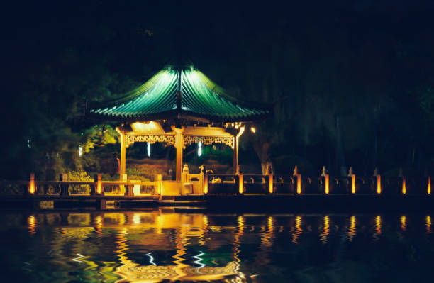 istock Chinese style pavilion in the night with reflection of light 900633154
