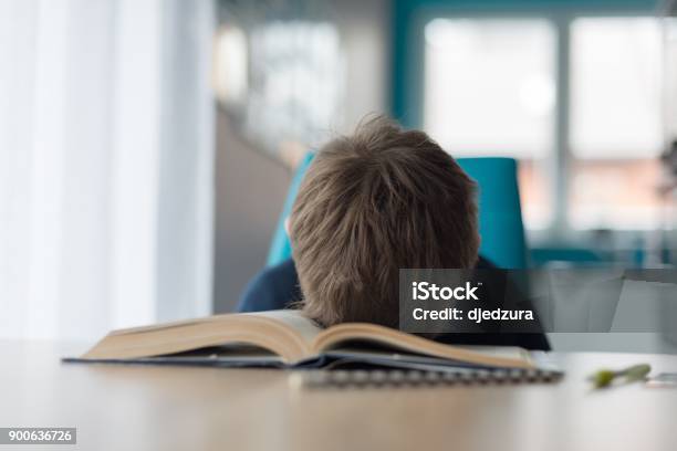 Tired 8 Years Old Boy Doing His Homework At The Table Stock Photo - Download Image Now