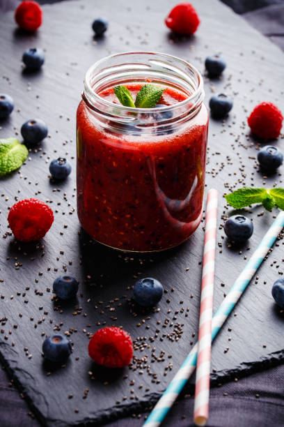 istock Fresh healthy blueberries raspberries and chia seeds smoothie 900641270