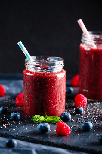 Fresh healthy blueberries raspberries and chia seeds smoothie