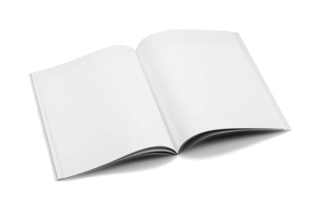 riviste di simulazione, libro o catalogo su sfondo tavolo bianco. - spread foto e immagini stock