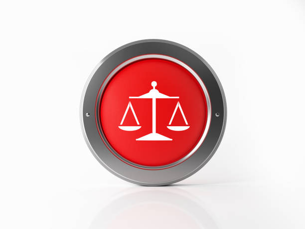 istock Red Scales Justice Icon With Metallic Frame On White Background 900658180