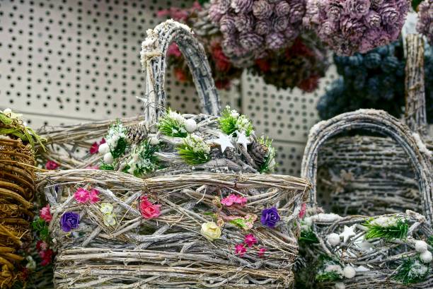 istock decorative gray basket with colored cones and flowers 900666436