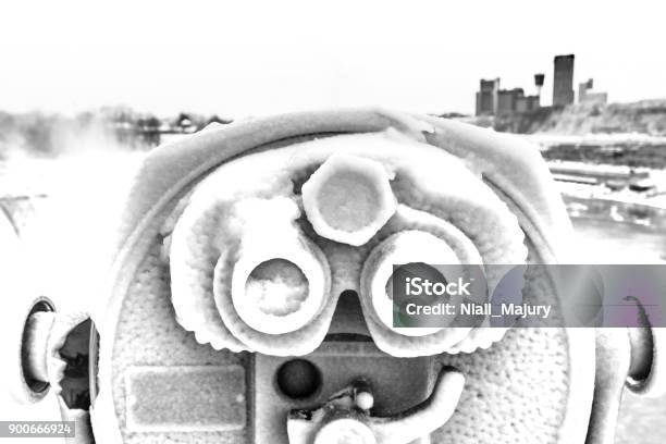Monochrome Image Of An Icecovered Tower Viewer At A Waterfall Stock Photo - Download Image Now