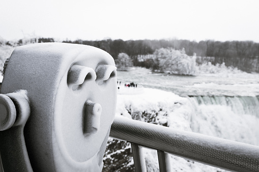 Bleached image of an ice-covered viewfinder at Niagara Falls, NY. 