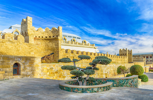 Wall in Baku's old town, a popular tourist destination and landmark, Baku, Azerbaijan.