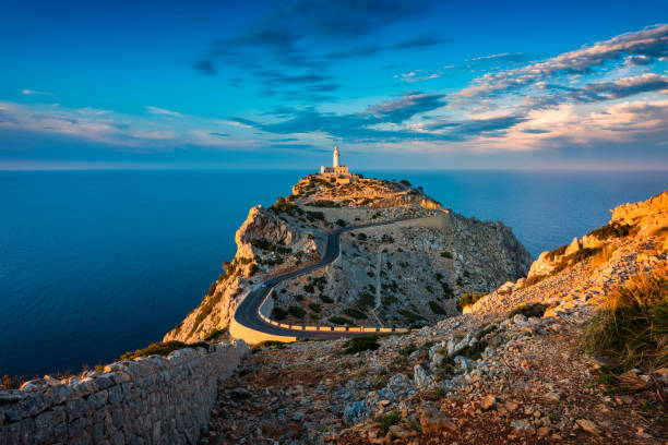 Lighthouse of Cap de Formentor Mallorca Spain around Sunset Lighthouse of Cap de Formentor, Mallorca, Balearic Islands, Spain around Sunset. balearic islands stock pictures, royalty-free photos & images