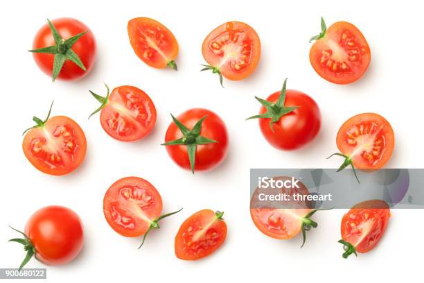 Cherry Tomatoes Isolated On White Background Stock Photo - Download Image Now - Tomato, Half Full, Directly Above