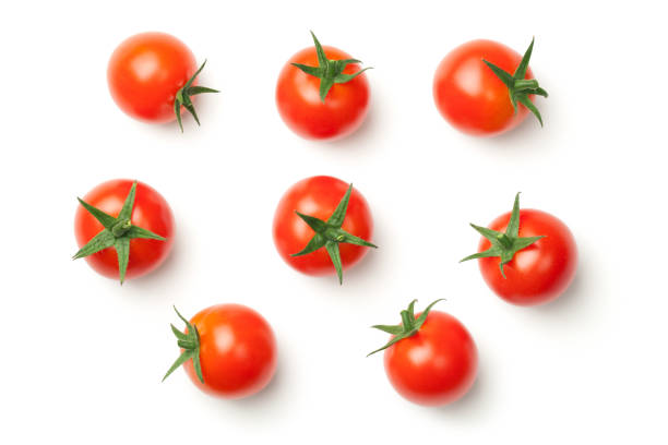 tomates cereja, isolado no fundo branco - tomato small food vegetable - fotografias e filmes do acervo