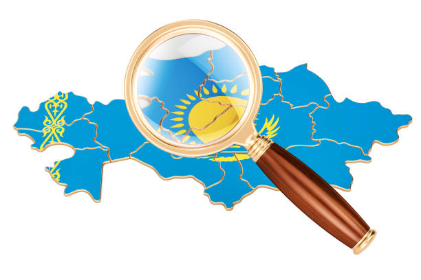Kazakhstan under magnifying glass, analysis concept, 3D rendering isolated on white background