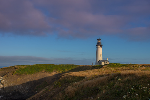 Yaquina Head Lighthouse Along Oregon Coast with copy space