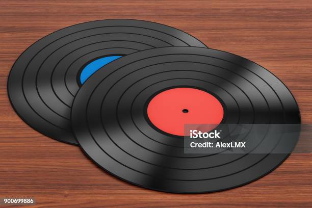 Vinyl Records On The Wooden Table 3d Rendering Stock Photo - Download Image Now - Acoustic Music, Analog, Arts Culture and Entertainment