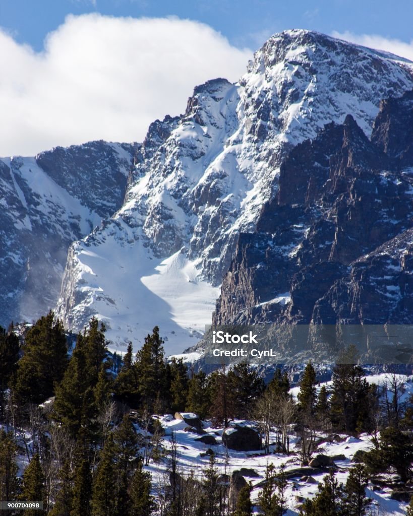 Mountain peak Sun on a snowy rocky peak and creating a gorgeous winter scene. Adventure Stock Photo