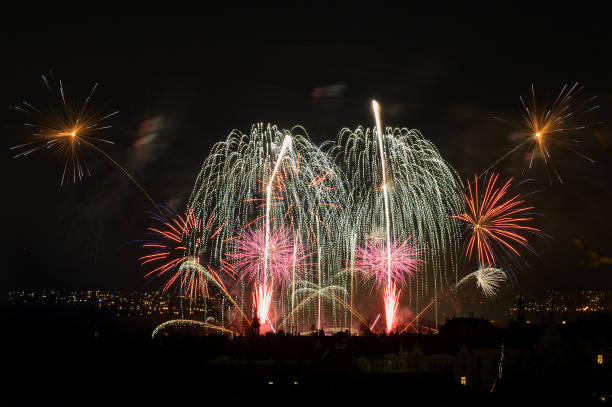 istock Big sparkles above night city. 900710604