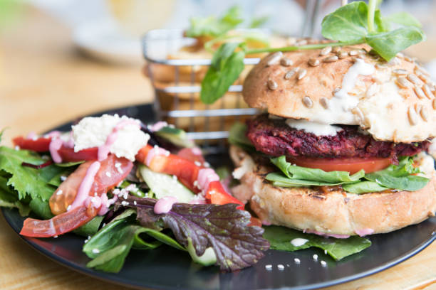 Vegan Beetroot Burger with Salad and Fries. Nikon D810. Converted from RAW.