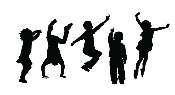 illustrazioni stock, clip art, cartoni animati e icone di tendenza di silhouetteofhighenergyactivekids - healthy lifestyle jumping people happiness