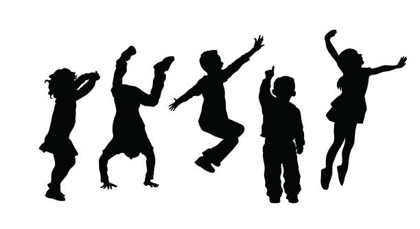 SilhouetteOfHighEnergyActiveKids Silhouette Of High Energy Active Kids multicultural children stock illustrations