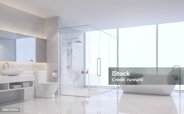 Modernes Weißes Bad 3dbild Rendern Stockfoto und mehr Bilder von Dusche - Dusche, Badewanne, Glas
