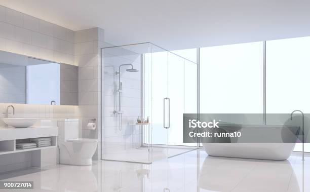 Modern White Bathroom 3d Rendering Image Stock Photo - Download Image Now - Bathroom, Shower, Bathtub