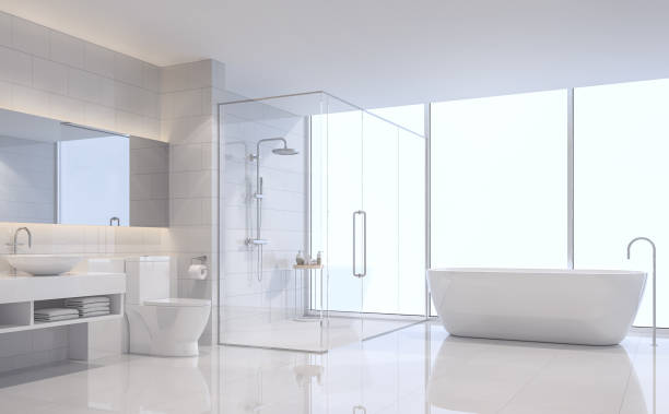 nowoczesna biała łazienka 3d renderowania obrazu - bathroom contemporary sparse bathtub zdjęcia i obrazy z banku zdjęć