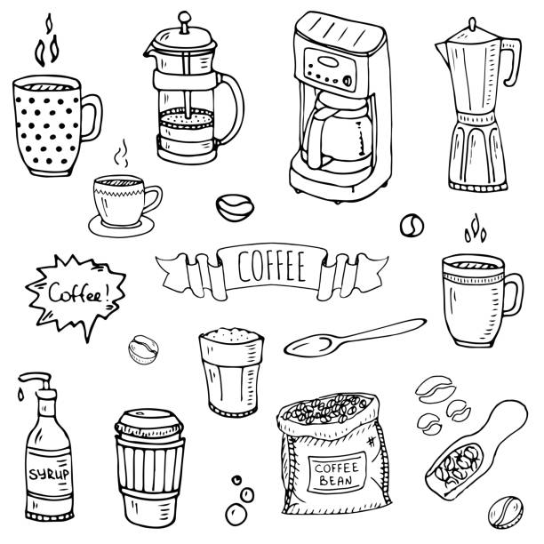 Coffee time icon set Hand drawn doodle Coffee time icon set Vector illustration isolated drink symbols collection Cartoon various beverage element: mug, cup, espresso, americano, irish, decaf, mocha, coffee making machine black coffee swirl stock illustrations