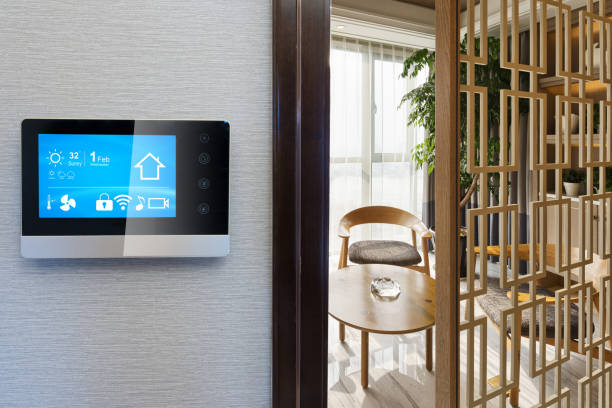 istock smart screen with smart home and modern living room 900734042