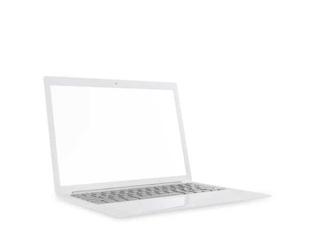 istock Laptop white color with blank screen isolated mock up and clipping 900734194