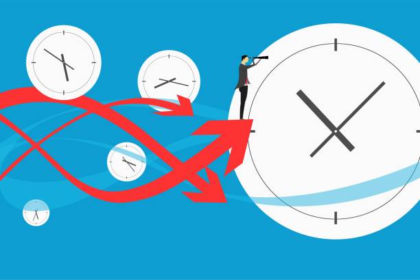 istock Business person standing on arrow with time 900737854