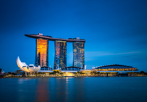 Singapore - October 15, 2017: View of Marina Bay Sands at dusk. Marina Bay Sands is a famous luxury hotel near Marina Bay, Singapore.