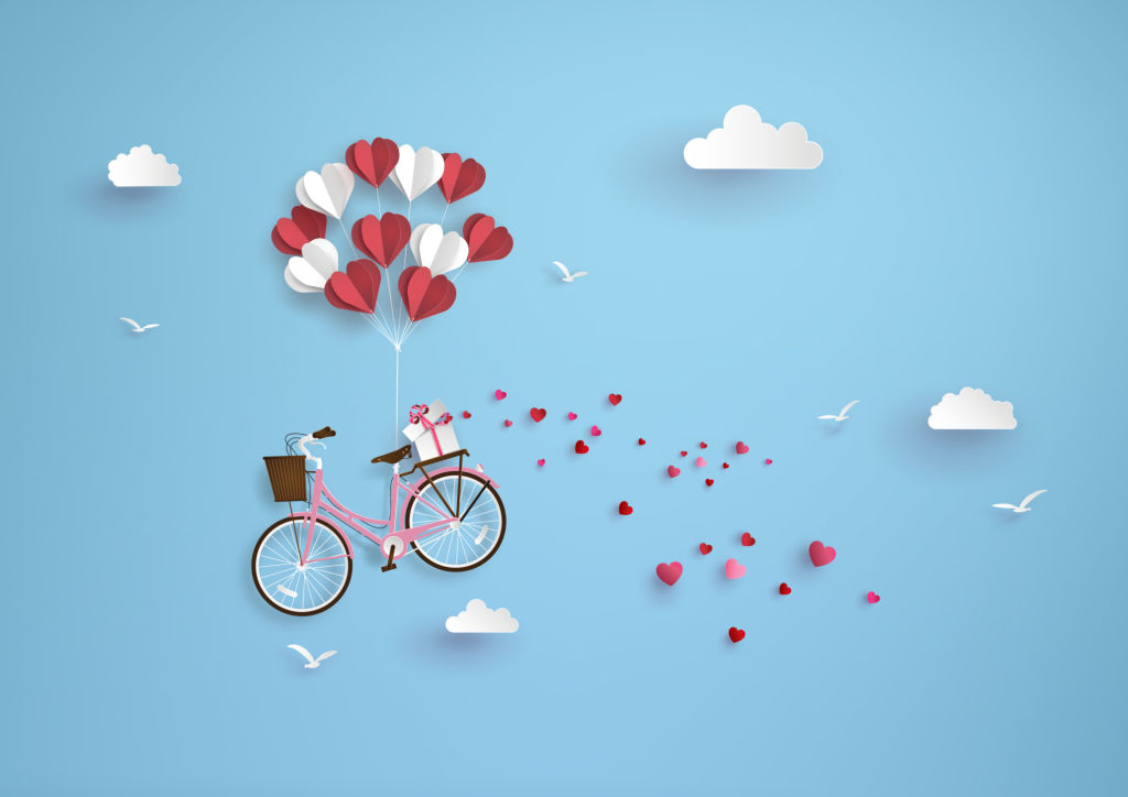 Illustration of love and valentine day, balloon heart shape hang the  pink bicycle float on the sky.paper art style.