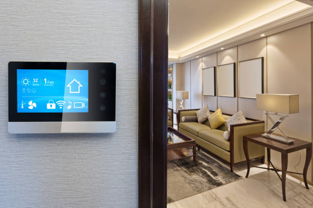 istock smart screen with smart home and modern living room 900739322