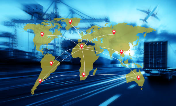 istock World map with logistic network distribution on background. Logistic and transport concept in front Logistics Industrial Container Cargo freight ship for Concept of fast or instant shipping, Online goods orders worldwide 900745558